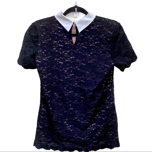 Adorable Karl Lagerfeld Paris Black & Pink Lace Short Sleeve Shirt - Picture 3 of 9